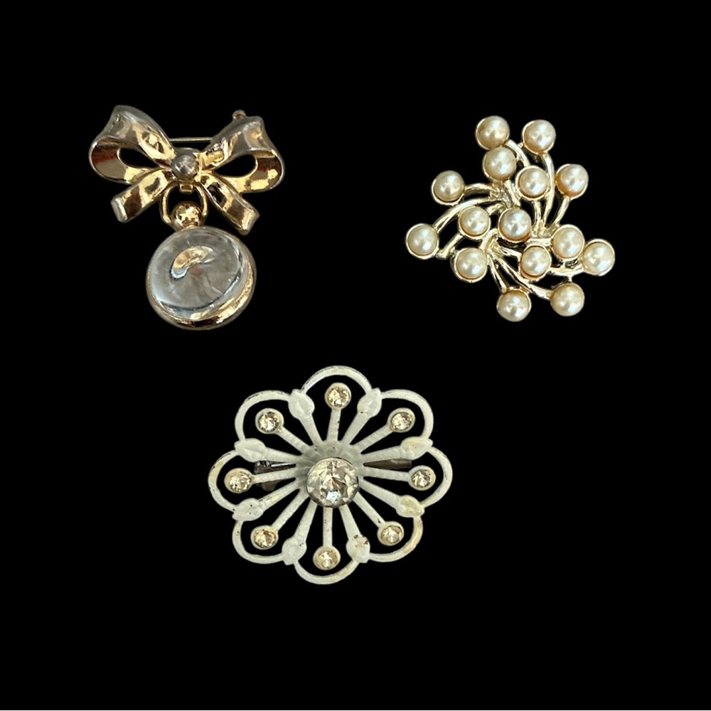 Brooch Pins Vintage Bow Mustard Seed Pearl Branches Circular Flower Three Pieces